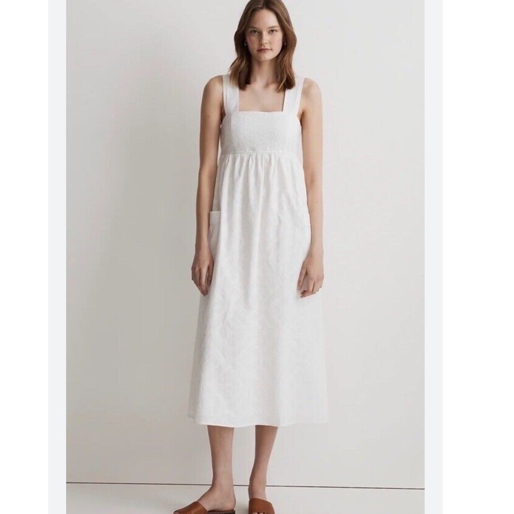 Madewell Cutout back Empire Midi Dress White Cotton Eyelet Square Neck Pockets - Picture 2 of 13